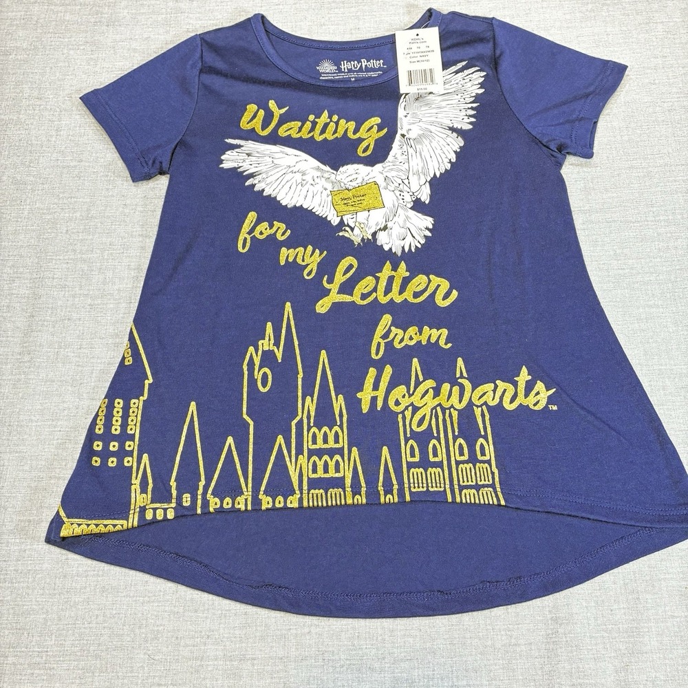 NWT Harry Potter Shirt Girls 10/12 Blue Waiting For My Letter From Hogwarts Tee